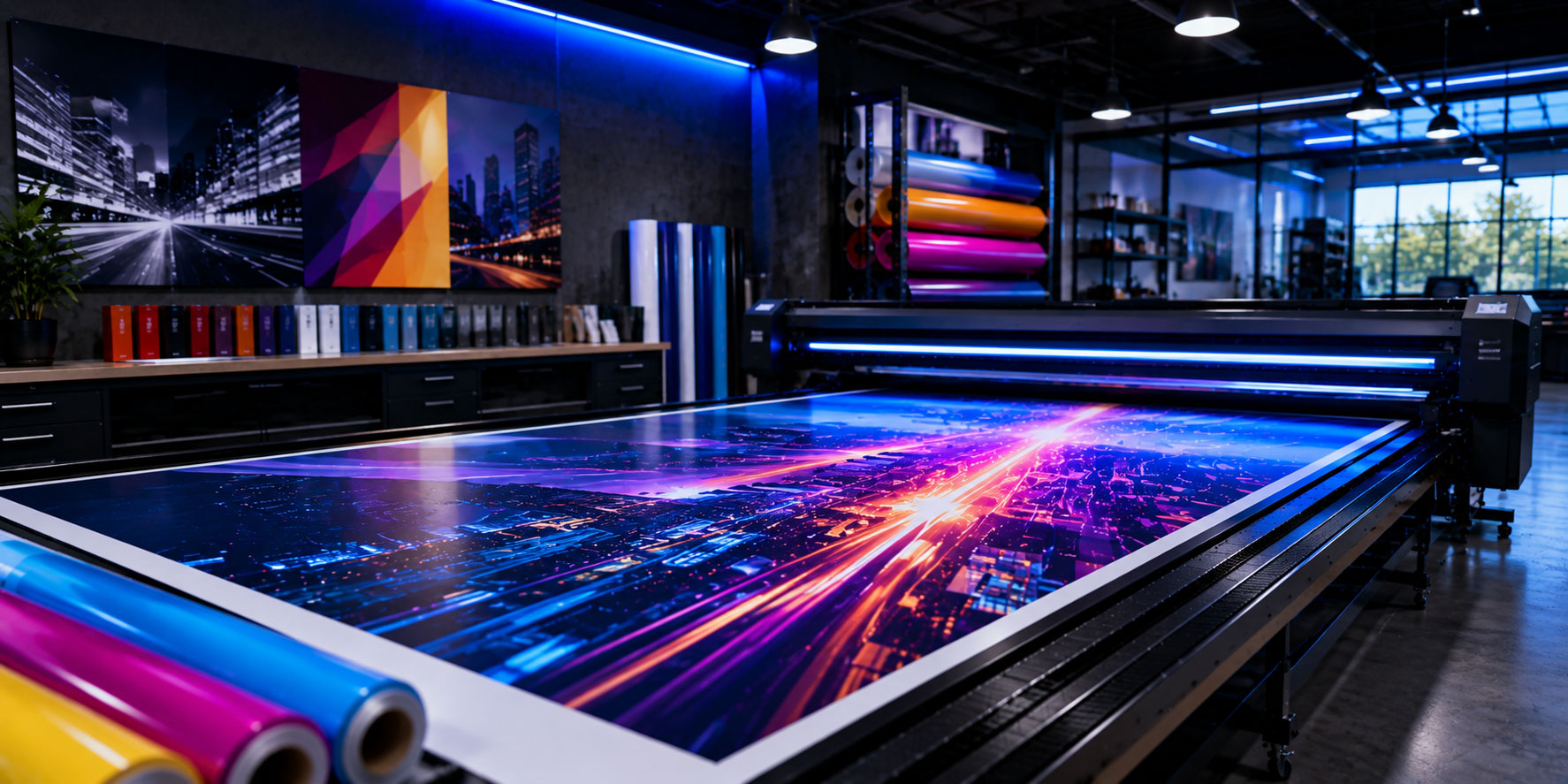 Lianova Signs production facility with large-format UV flatbed printer and vibrant printed materials